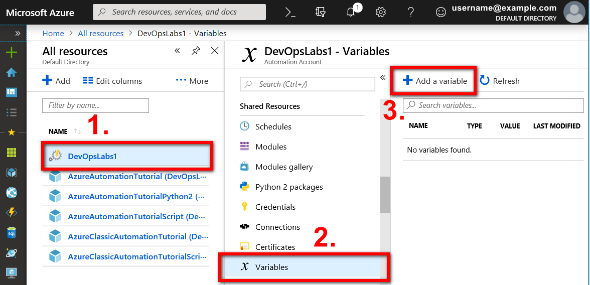 Screenshot of the Variables pane, shown under the Shared Resources section of the DevOpsLabs1 Automation Account. Three areas of the Variables pane are highlighted which illustrate how to locate the Add a variable button within the Variables pane.